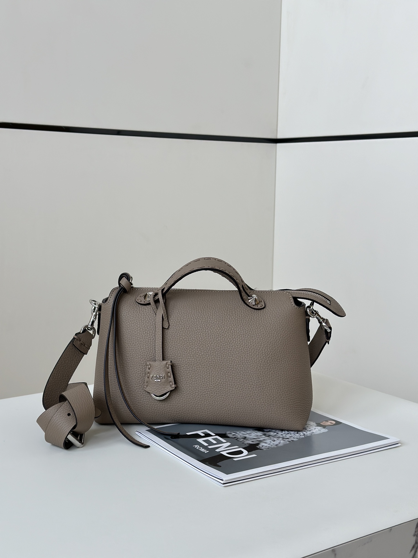 Fendi Medium By The Way Selleria With 192 Hand-sewn Topstitches Shoulder Bag Dove Gray